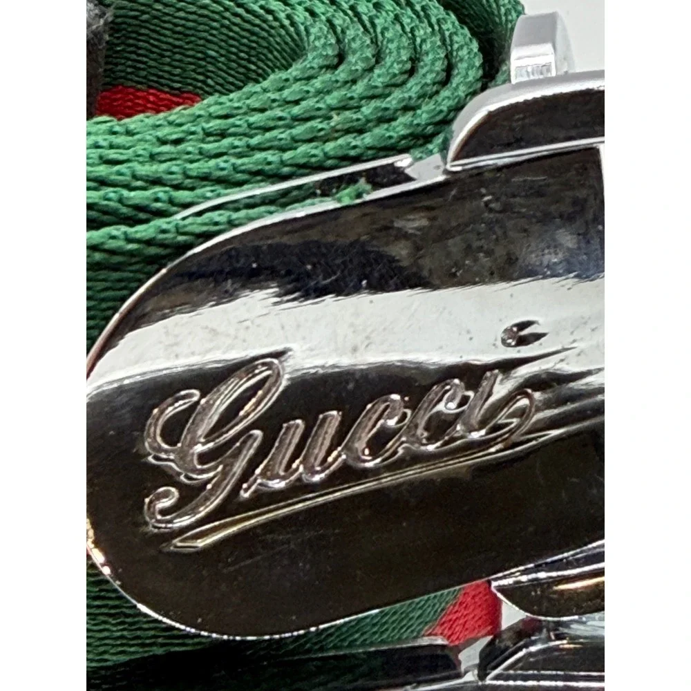 Gucci Green Red Web Stripe Canvas Belt Silver D-Ring Buckle 50 Inch
